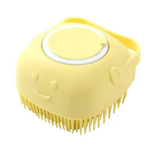 Bath Massage Brush with Soap and Shampoo Dispenser Soft Silicone Bristle for Long Short Haired Dogs Cats Shower (Yellow)
