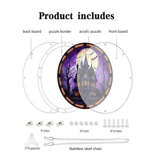 Spooky Halloween Castle Acrylic Puzzle Suncatcher, Hanging Ornament Decoration, Unique Puzzle Pieces with Surprise Patterns, Wall or Window Display, Festival Home Decor Gift,Purple