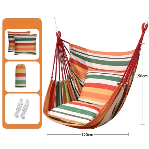 Orange Stripes Oversized Hanging Swing Chair Canvas Hammock + 2 Pack 45 x 45CM Pillows Set (120 x 150 CM) - Portable Indoor & Outdoor Thickened Leisure Hammock Chair with Binding Ropes and Storage Bag