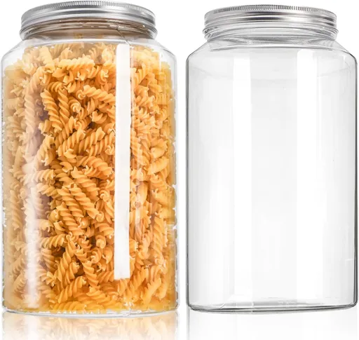 2 Pack 1 Gallon Extra Large Clear Plastic Jars, 118 OZ Food Storage Container with Lid, BPA Free Wide Mouth Jar, Reusable Airtight Mason Jug for Dry Goods, Candy, Fermenting, Pickling