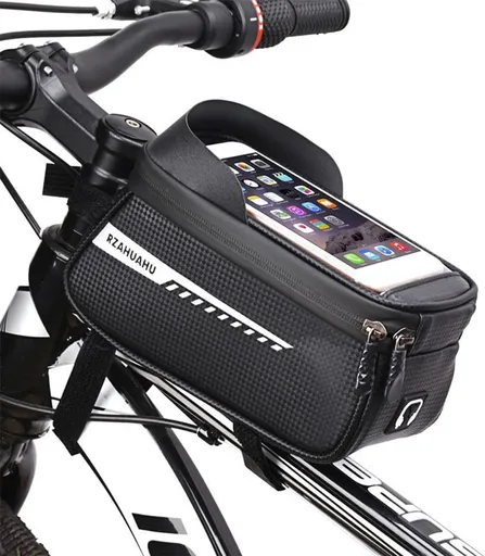 Bike/Bicycle Phone Holder Bag, Bicycle Front Frame Bag, Waterproof Tube Bag, Bike Accessories, Cycling Pouch with TPU Touch-Screen& Sun-Visor Compatible Phone Under 6.5” (Black)