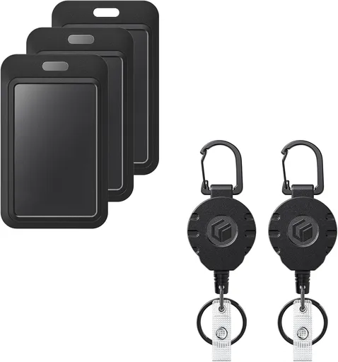 3 Pack Sliding Badge Holder Vertical Plastic Case and 2 Pack Retractable Keychain Badge Reel for up to 8 oz Hard Card Protector