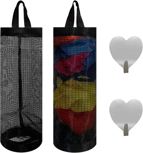 2 Pcs Plastic Bag Holder Trash Bags Storage Dispenser Organizer for Home Kitchen Mesh Hanging Dispensers Recycling Garbage Folding Grocery with Hooks (Black)