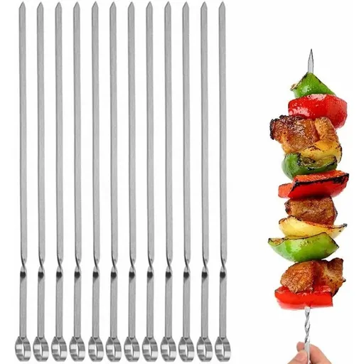 Skewers for Grilling - 15" Long Flat Skewers Kabob Metal Skewers, Stainless Steel Shish Kebob Sticks for Meat Shrimp Chicken Vegetable(10 Pack Skewers)