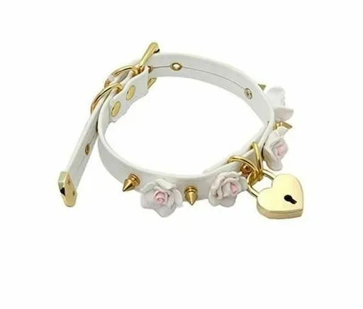 House Of Dasein Bdsm Collar Spikes Flowers Choker Necklaces Slave Play Owned Submissive - White With Gold