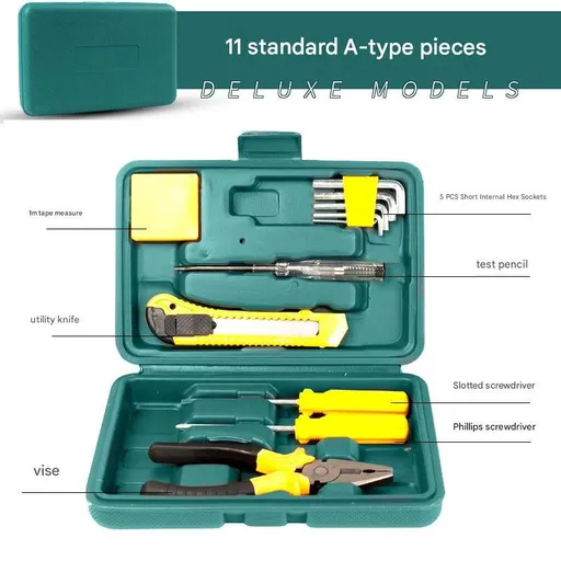 Green 11 Piece Set -Multi-Purpose Home & Car Tool Kit - Durable Blow-Molded Case, Utility Knife, Tape Measure, Pliers, Hammer, Screwdrivers, Allen Keys - Compact Emergency Repair Set for DIY and Auto Maintenance