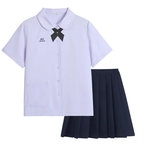 Thai School Uniform Shirt Cotton Blend Embroidery Badge Thai girls short sleeve shirt + wide black bow tie + navy blue skirt XXL