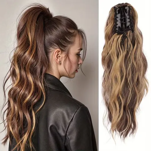 Water wave curly hair clip-in ponytail wig, made of high-heat-resistant synthetic material. Perfect for daily wear to add volume, ideal for holiday celebrations and Halloween parties.（Mixed color 4H27）