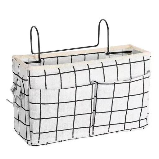 Hanging Bedside Storage Caddy with Pockets for Bunk Bed Dorm Couch Organizing - White Grid