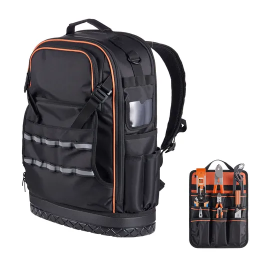 Tool Backpack, 65 Pockets, Heavy-duty Tools Storage Organizer Work Bags with Laptop Compartment & Molded Base, Electrician Jobsite Backpack for Electrician, Repairman, and HVAC Techs