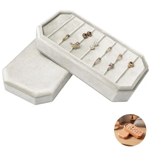 Velvet Ring Storage Box, Octagonal Rectangle Jewelry Display Case with Lid, Earring Organizer, 8.1" x 4.1" x 2", Multi-use Design for Showcase, Counter & Home Daily Jewelry Collection
