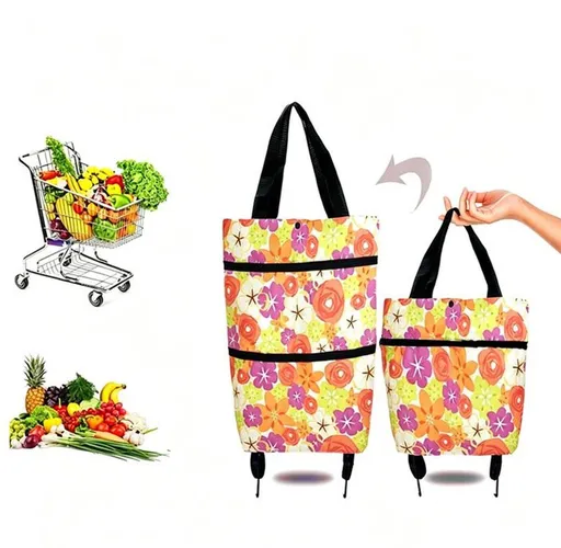 Foldable Shopping Cart 3 in 1 Wheeled Trolley with Shoulder Bag, Extra Large Capacity, Lightweight Portable for Grocery Shopping Travel Market, Orange, 1 Set