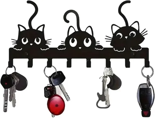 Wall Mounted Key Holder with 8 Hooks, Black Cat Key Rack Organizer for Entryway, Hallway, Kitchen, Garage and Office