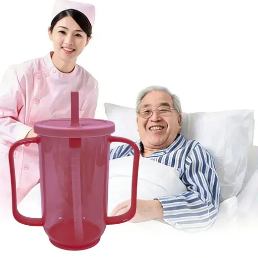 Spill-Proof Nursing Cup for Elderly, Anti-Choking Liquid Feeding Cup with Double Handles, Bedridden Patients Water Drinking Mug for Postpartum Care, Red