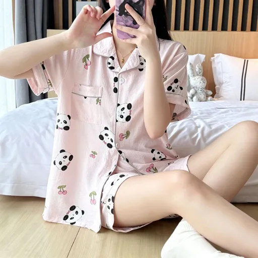 Pink Panda Size M | Bubble Crinkle Panda Print Short Sleepwear | Halloween Kawaii Daily Gift | Adorable Casual Comfortable Women's Pajama Set