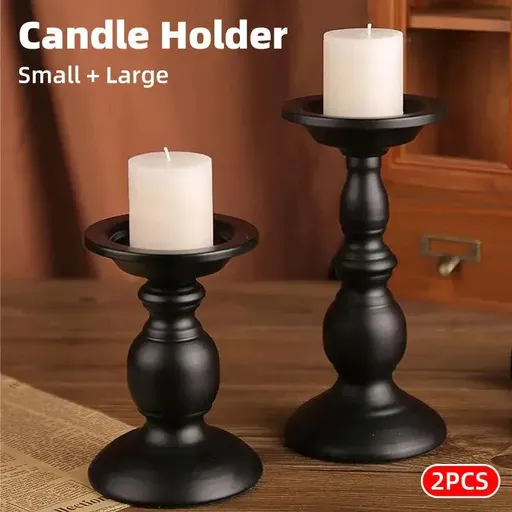 Black Iron Candle Holders Set 2 Piece Elegant Design Pillar Candle Holders 6.3 inches and 8.7 inches Tall