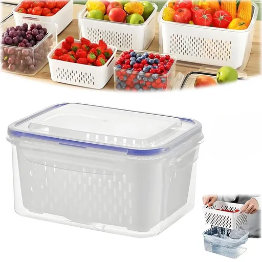4 in 1 Food Storage Container with Removable Colander, Fruit Storage Containers for Fridge, Microwave/Dishwasher Safe Produce Saver for Refrigerator Keep Berry Fruit Fresh Longer
