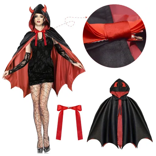 Halloween Horn Cape: Red & Black Devil Hooded Cape, Unisex for Kids & Adults, Party & Cosplay — Transform into a Little Devil in Seconds