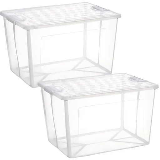 2x 57 Litre Modular Clear Foldable Storage Box with Lid Plastic Tub Collapsible