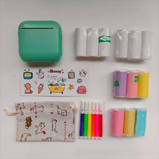 Green X6 Mini Portable Bluetooth Instant Photo & Note Printer for Students - Deluxe 20-Piece Gift Set with 12 Paper Rolls, Color Pens & Storage Bag