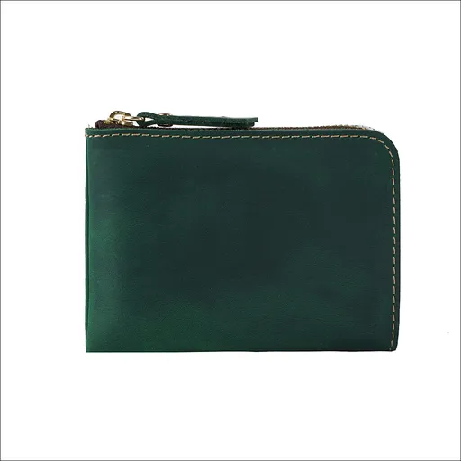 Green Handmade Crazy Horse Leather Wallet Minimalist L-Zip Card Holder Top Layer Cowhide Short Purse with Coin Pocket 12cm Vintage Style