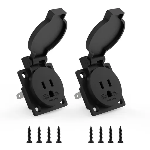US Standard Water-Proof Power Outlet 15Amp 3-Hole Socket, 125Volt Power Outlet Receptacle, NEMA 5-15R with Cover Socket,Panel Mount Dustproof Industrial Electrical Female Plug (2-Pack)