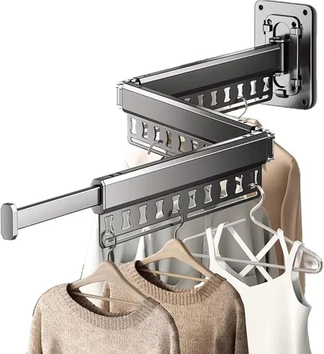 Wall-Mounted Folding Drying Rack with Windproof Holes & Retractable Rod for Balcony, Bathroom & Indoor Use (Gray)
