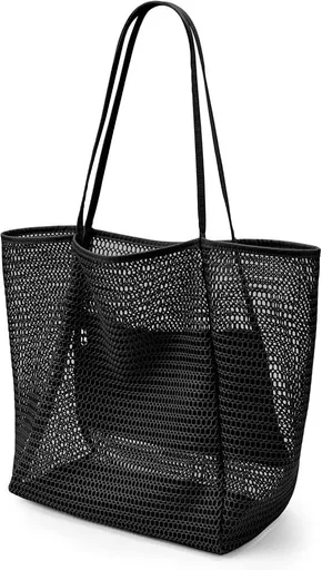 Beach mesh tote bag, foldable summer hobo bag for women, sand-proof , large shoulder bag, 35*17*37cm,suitable for pool,,vacation, travel, picnic, and shopping（Black）