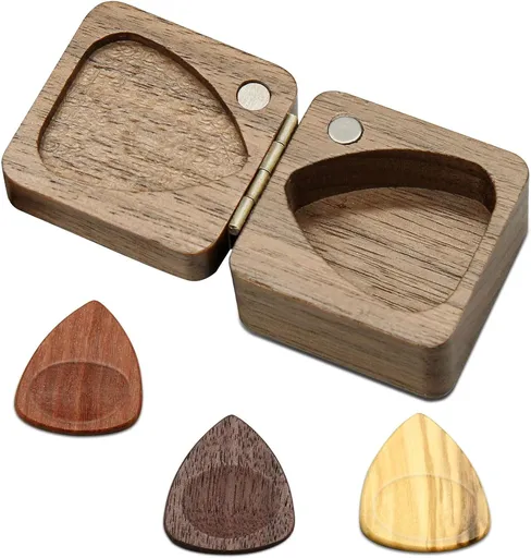 Wood Guitar Picks with Guitar Pick Box, Personalized Guitar Picks Holder, Guitar Pick Case Storage for Boyfriend Coworker Son Husband, Guitar and Bass Accessories(1Guitar Pick Holder & 3 Guitar Picks)