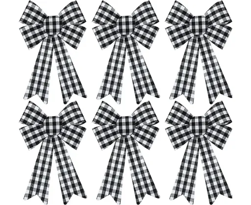 6 Pieces Large Christmas Wreath Bow Plaid Christmas Bow PVC Plastic Xmas Plaid Check Wrapping Bow for Christmas Indoor Outdoor Decorations - Black and White
