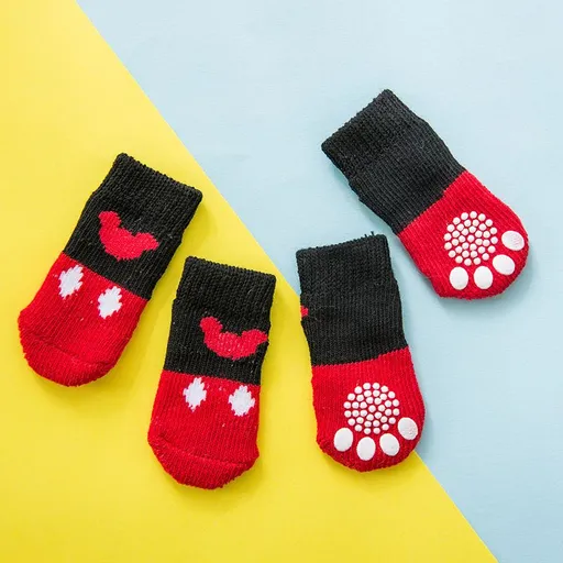 Pet Dog Socks Cartoon Pattern Non Slip 4 Pack Red mickey [4-pack] M [recommended sole width is about 4] 2.5-6kg pounds