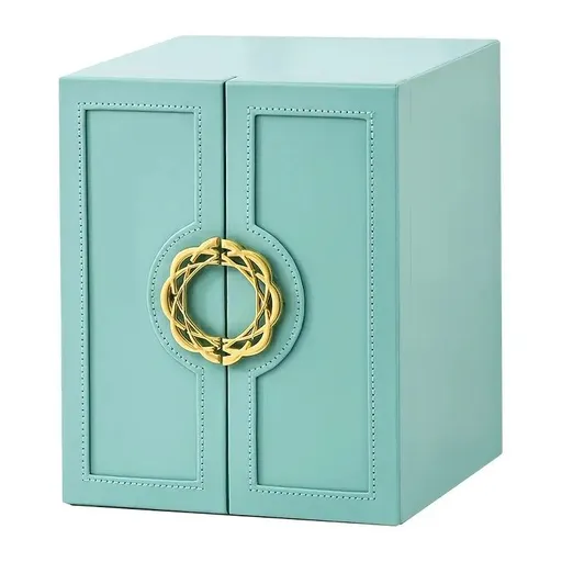 Blue 1 Large Faux Leather Jewelry Storage Box with 5 Drawers and Gold Handles - An elegant rectangular storage space for rings, necklaces, bracelets, earrings, and watches - Features soft fabric lining, side door design, textured surface finish - Lu