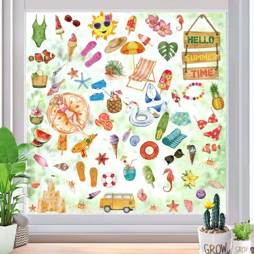 126 Pieces Summer Window Clings Stickers Hawaiian Window Decal with Sun Beach Drinks for Wall Glass Refrigerator Car ，8 Sheets