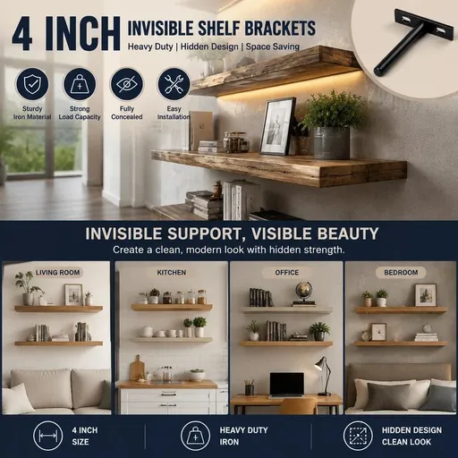 4" Black Hidden T Shelf Bracket 2Pcs w/ 5x60&5x80 Screws