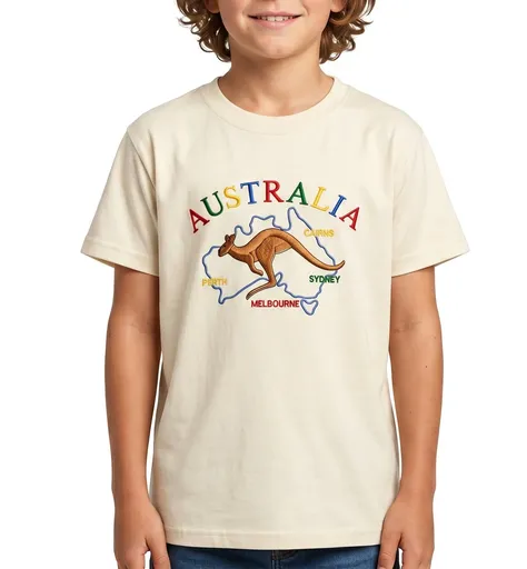 Kids Australia Kangaroo T Shirt Tee Childrens Child 100% Cotton Top - Beige