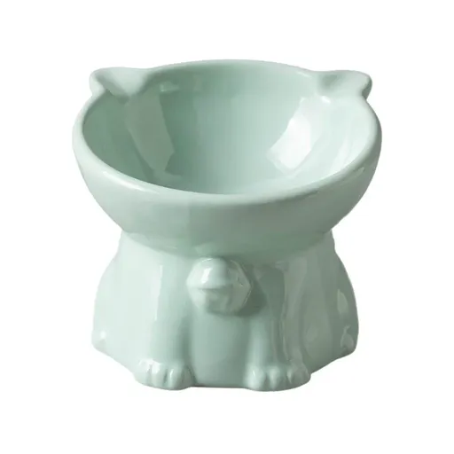 Ceramic Cat Bowl Cute Tall Raised Cat Food Bowl for Pets Eating Comfortably - Green