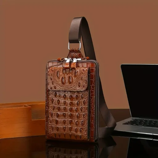 Brown Black Men'S Chest Bag Crocodile-Embossed Bag Travel Bag Daily Use Bag Stylish Mens