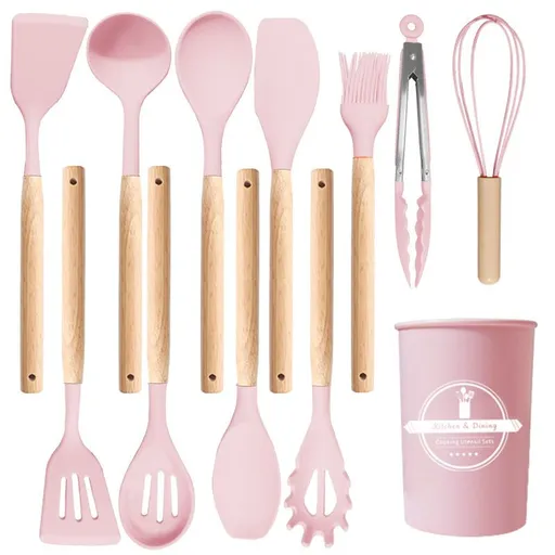 12 Pcs Silicone Cooking Kitchen Utensils Set with Holder, Wooden Handles Cooking Tool, Turner Pliers Spatula Spoon Kitchen Gadget Suit for Non-Stick Cookware, Women's Gifts 13×4 in Pink