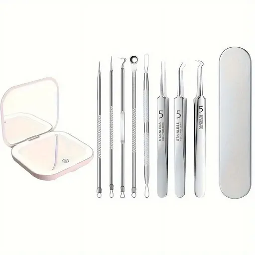 Pimple Popper Tool Kit, 8 PCS Professional Stainless Steel Blackhead Remover Comedone Extractor Tools for Removing Zit on Face - Acne Removal Kit with Metal Case (Silver) 8 PCS with Makeup Mirror