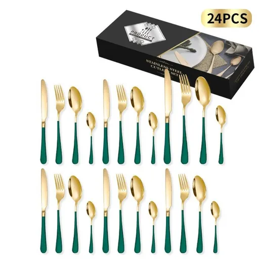 24-Piece Stainless Steel Tableware Set, Mirror-Polished Steak Knife, Fork, and Spoon Cutlery—Green