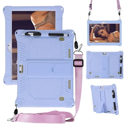 Universal Silicone Tablet Case for 10/10.1 inch Android Tablets, Shockproof Cover with Stylus Holder and Shoulder Strap, Purple