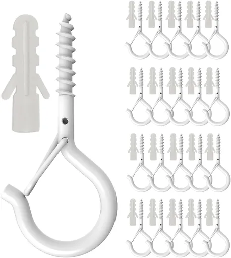 20 Pack Q Hanger Hooks with Safety Buckle, Rustproof Screw Hooks for Hanging String Lights, Bird Feeder, Plants, Wind Chimes & Holiday Decorations, Holds Up to 40 lbs（2.2" White Vinyl Coated ）