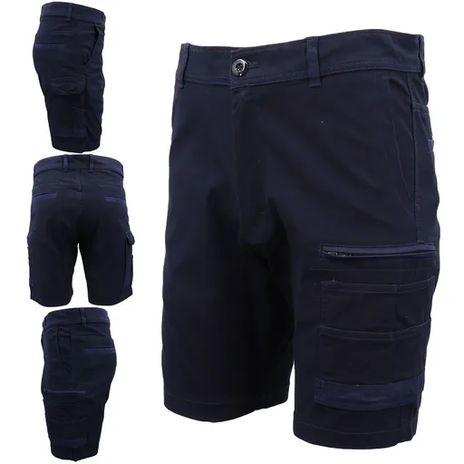 Mens Cargo Cotton Drill Work Shorts UPF 50+ 13 Pockets Tradies Workwear Trousers, Navy, 34