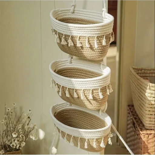 The Door Hanging Basket Boho Woven Over Door Storage Organizer 3 Tier Hanging Baskets for Entryway Laundry Room Kitchen