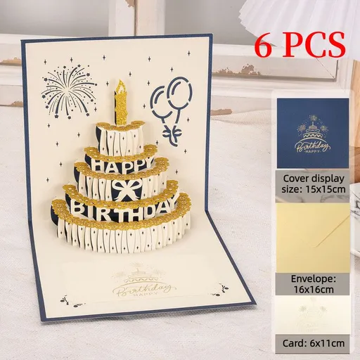 6-Pack - Gold Foil Cake 3D Pop-Up Birthday Cards, Creative Papercut Foldable Greeting Gift Cards - Blue