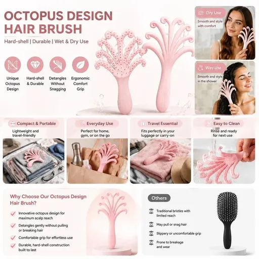 Light Pink Octopus Scalp Massage Brush Gentle Volumising Wet & Dry 1Pcs