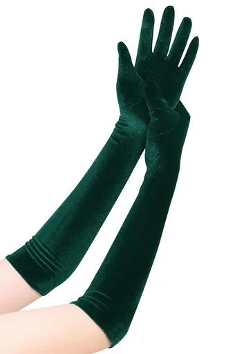 A pair of Long Opera Gloves for Women Velvet Gloves Stretchy Elbow Length Halloween Costume Gloves（green）