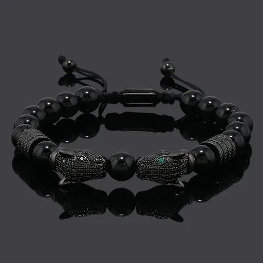 Leopard Print Men's Bracelet: Polished Black Stone Beads with Inlaid Diamond Leopard Head, 175-200mm Adjustable, Embodying Wild and Sophisticated Wrist Fashion.black