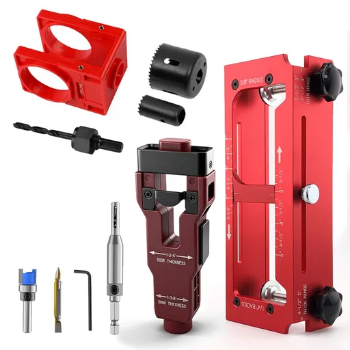 10-Piece Door Hinge and Lock Installation Kit with Adjustable Router Template, Hole Saw, Drill Bits and Driver Bits for Woodworking, Home Improvement and Interior Door Fitting Projects (Red)