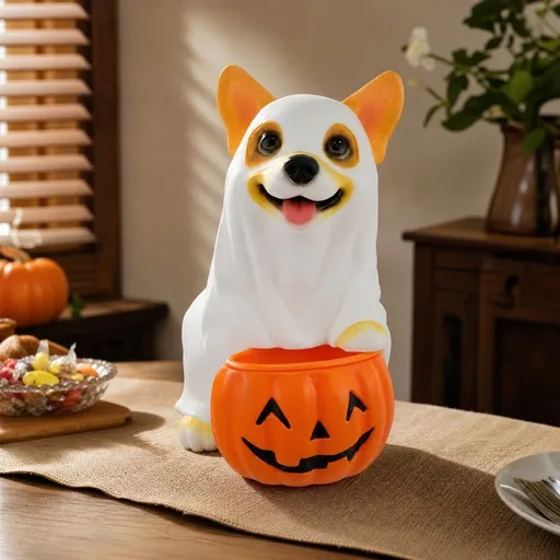 Halloween Ghost Corgi Candy Bowl, Cute Resin Puppy Statue With Pumpkin Treat Jar for Tabletop Home Kitchen Counter Party Decor, Fall Holiday Candy Holder and Storage